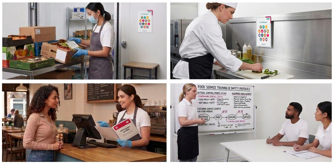 Poster placement at Goods-in & storage
- Prep area & pass - Front of house & tills - Staff & training areas.